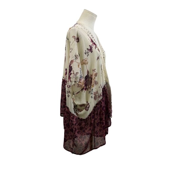 Jolt Womens Ivory & Purple Floral Kimono Cardigan With Lace Trim Polyester Sz L - Picture 3 of 9